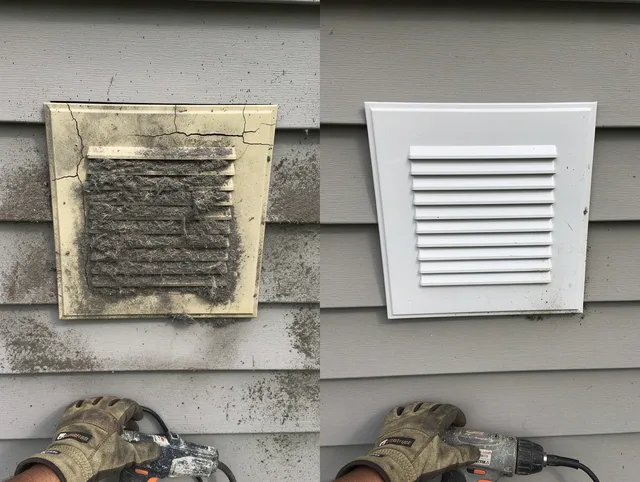Milford Dryer Vent Cleaning technician installing high-quality dryer vent cover at a residential property in Milford