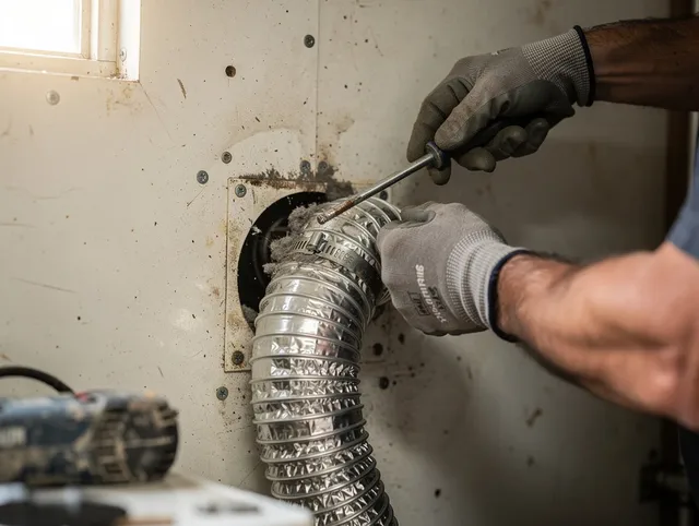 Milford Dryer Vent Cleaning technician performing precise dryer vent hose installation in Milford